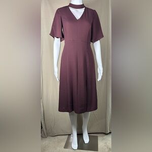 Ann Taylor Burgundy Flutter Sleeve V-Neck Midi Dress 2P Choker Neck Detail
